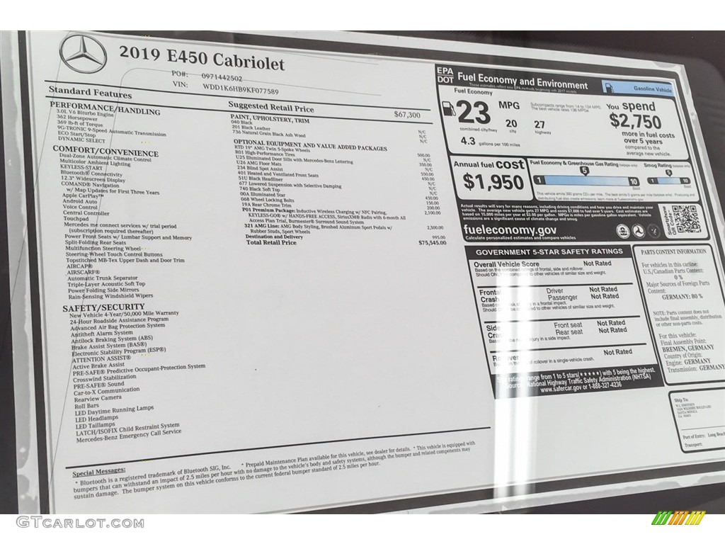 2019 Mercedes-Benz E 450 Cabriolet Window Sticker Photo #129542474