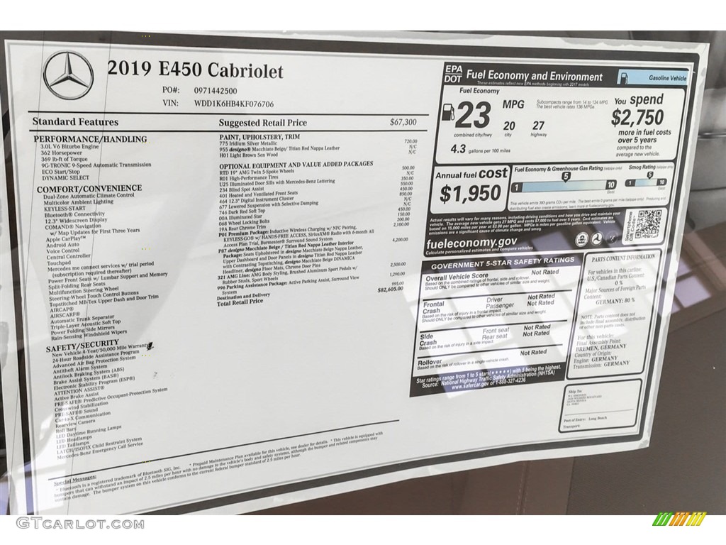 2019 Mercedes-Benz E 450 Cabriolet Window Sticker Photo #129542690