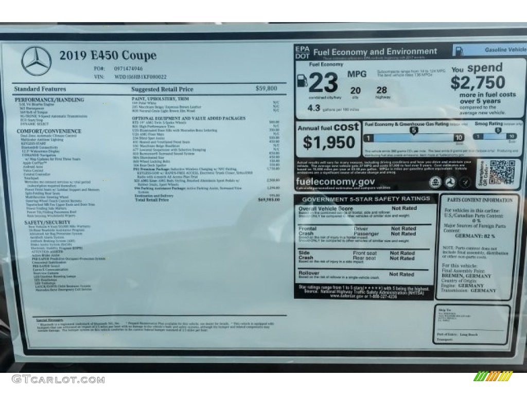2019 Mercedes-Benz E 450 Coupe Window Sticker Photo #129547250