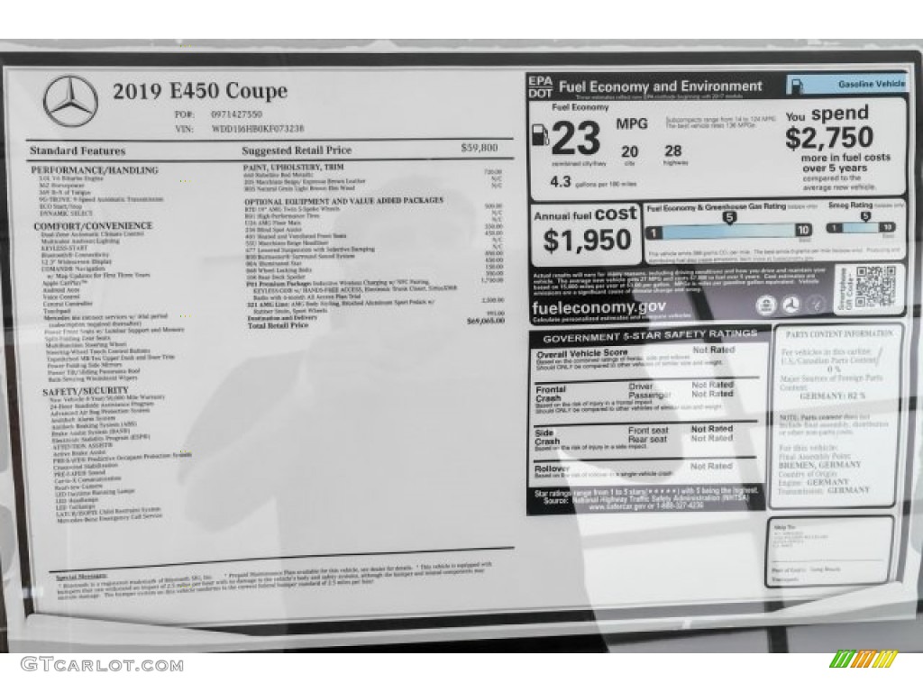 2019 Mercedes-Benz E 450 Coupe Window Sticker Photo #129581475