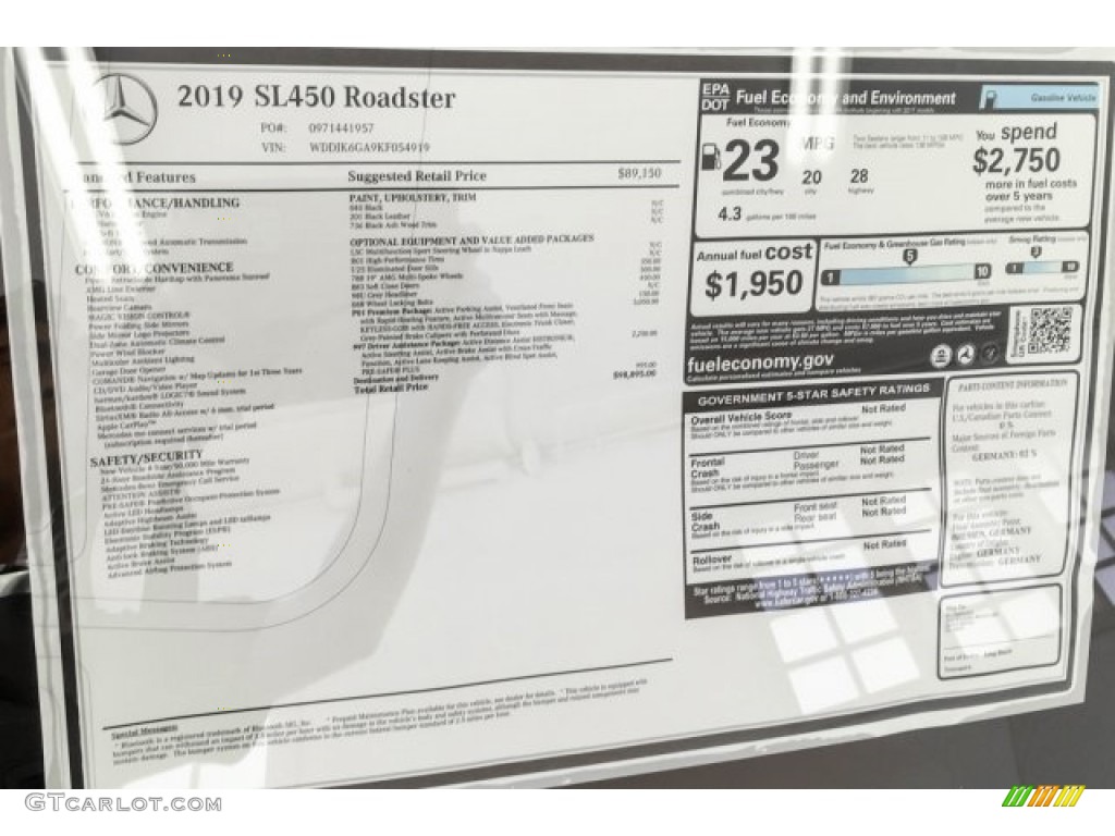 2019 Mercedes-Benz SL 450 Roadster Window Sticker Photo #129581709