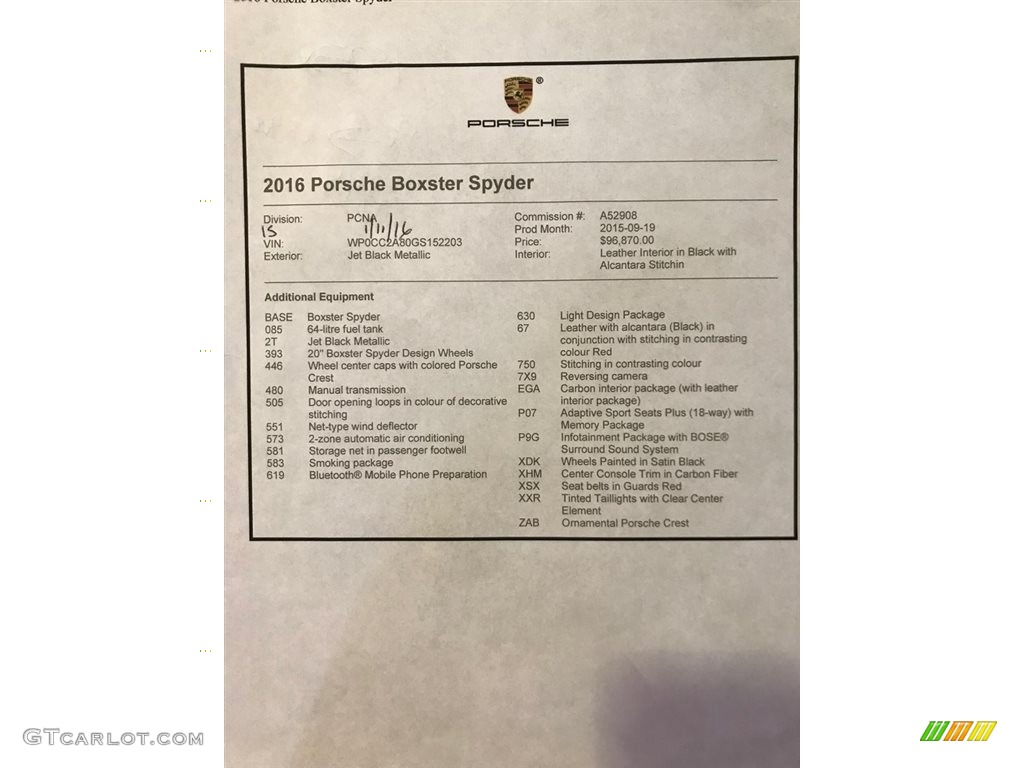 2016 Porsche Boxster Spyder Window Sticker Photo #129582594