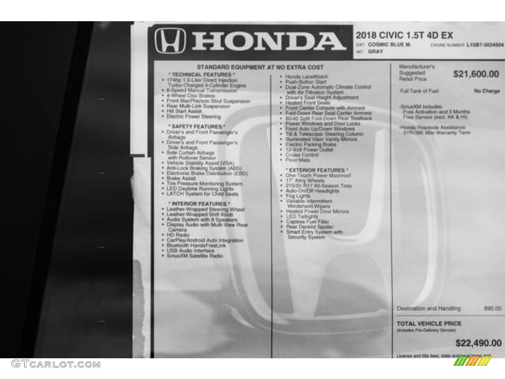 2018 Honda Civic EX-T Sedan Window Sticker Photo #129594496