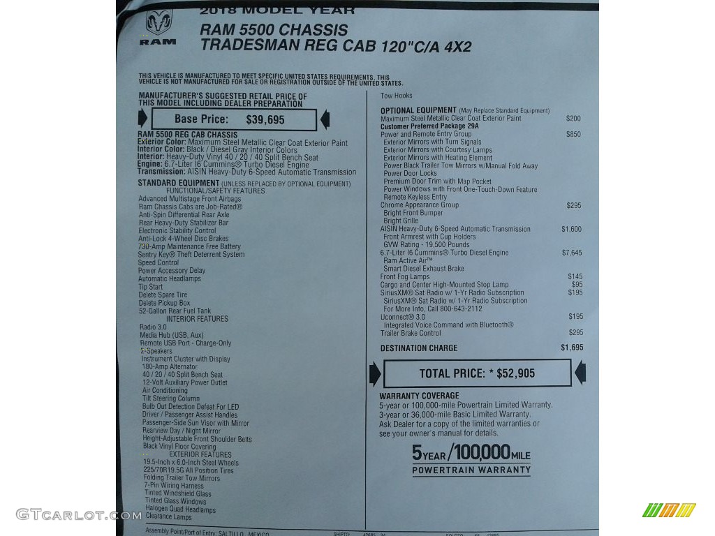 2018 Ram 5500 Tradesman Regular Cab Chassis Window Sticker Photos