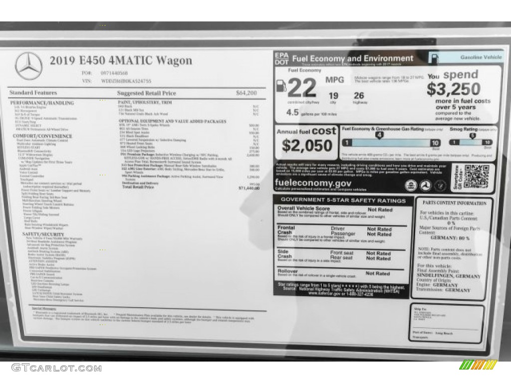 2019 Mercedes-Benz E 450 4Matic Wagon Window Sticker Photo #129607144