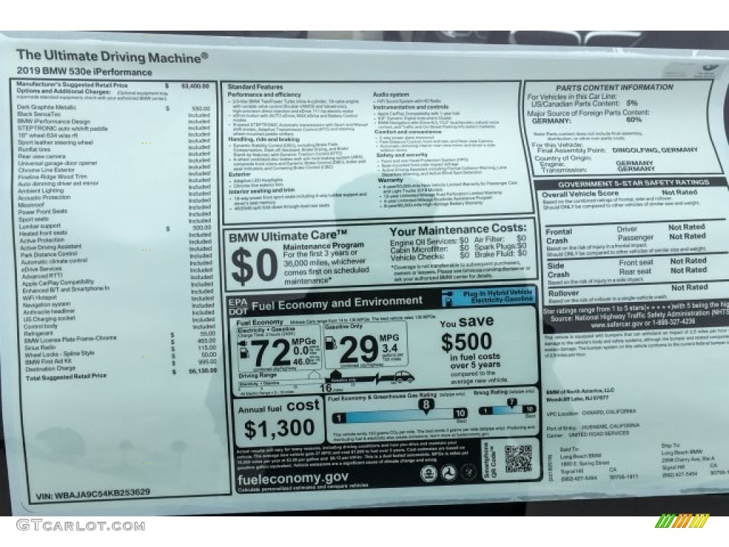 2019 BMW 5 Series 530e iPerformance Sedan Window Sticker Photo #129614332