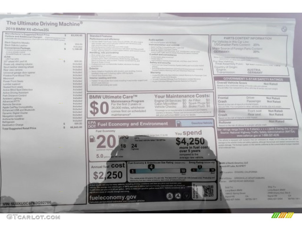 2019 BMW X6 sDrive35i Window Sticker Photo #129614677