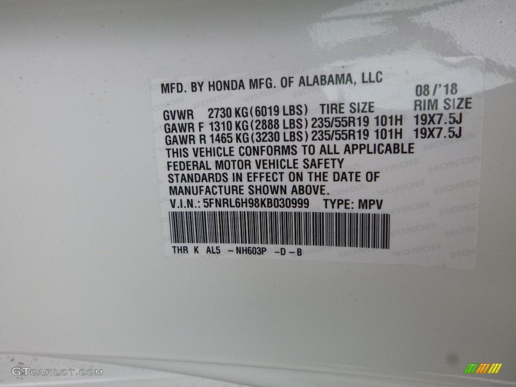 2019 Odyssey Color Code NH603P for White Diamond Pearl Photo #129618278
