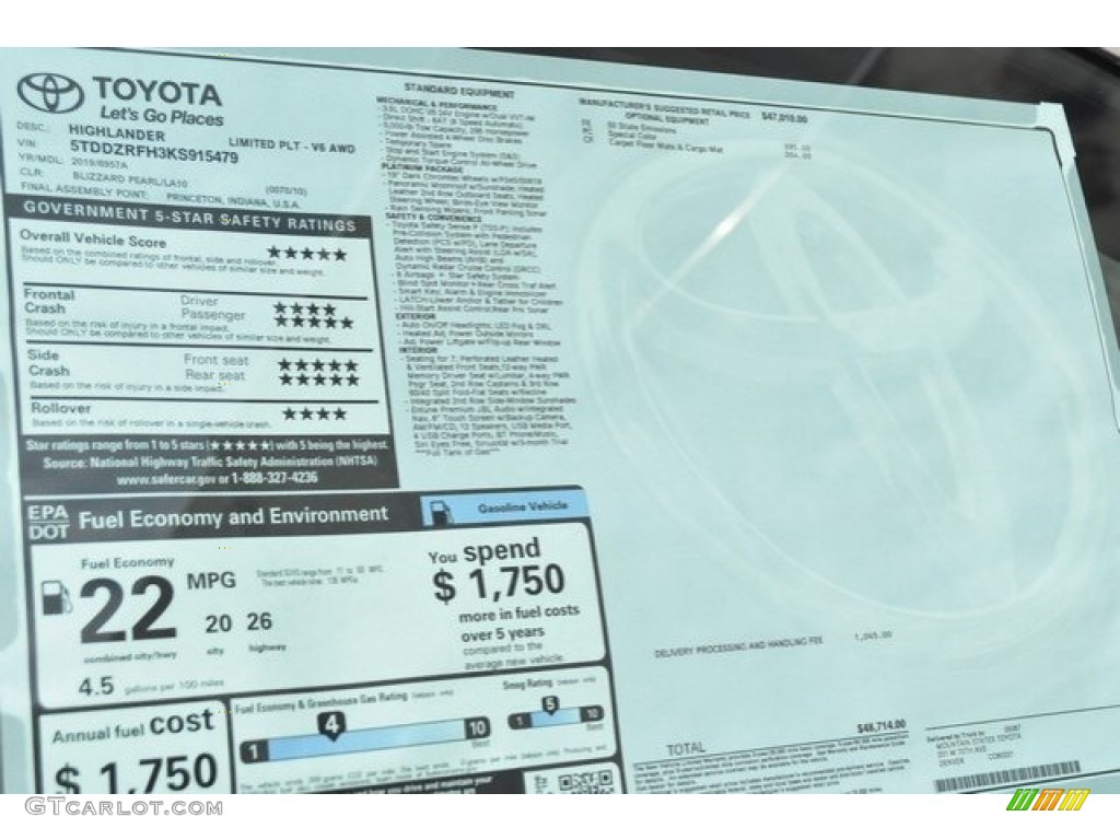 2019 Toyota Highlander Limited Platinum AWD Window Sticker Photo #129618968