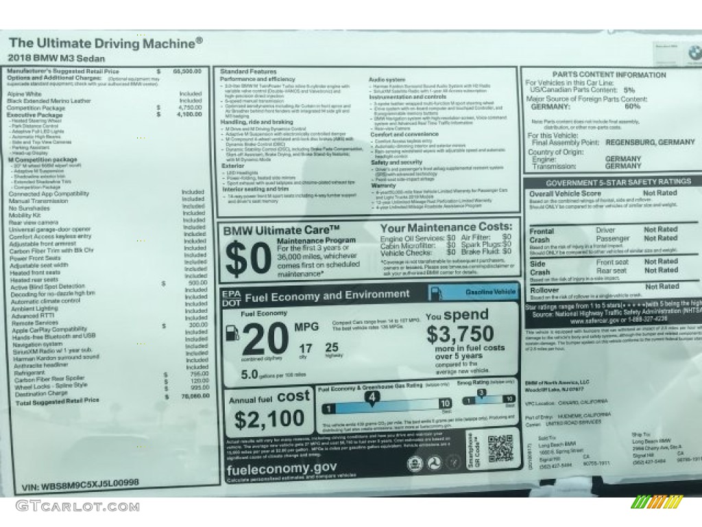 2018 BMW M3 Sedan Window Sticker Photo #129623990