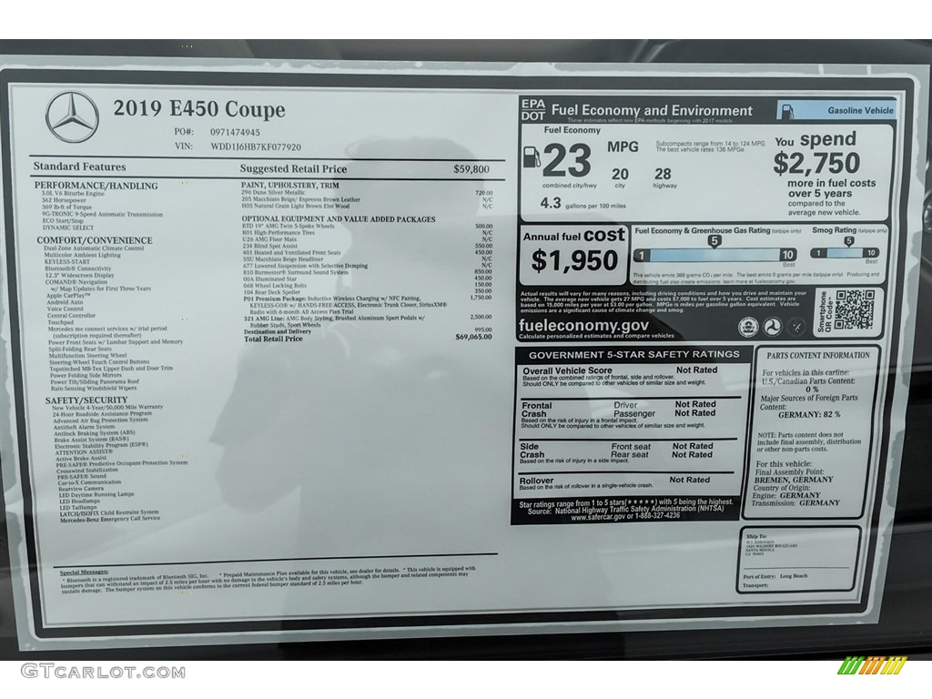 2019 Mercedes-Benz E 450 Coupe Window Sticker Photo #129643438