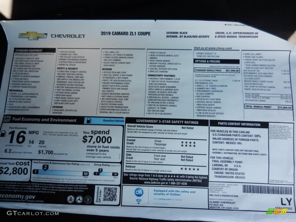 2019 Chevrolet Camaro ZL1 Coupe Window Sticker Photo #129654337