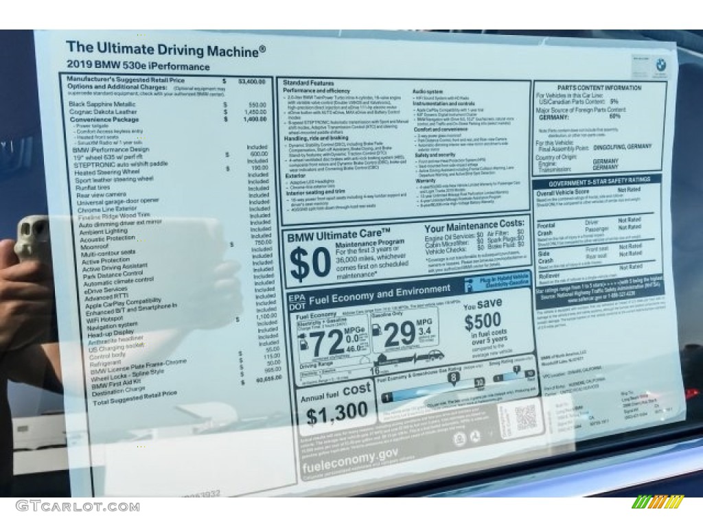 2019 BMW 5 Series 530e iPerformance Sedan Window Sticker Photo #129665044
