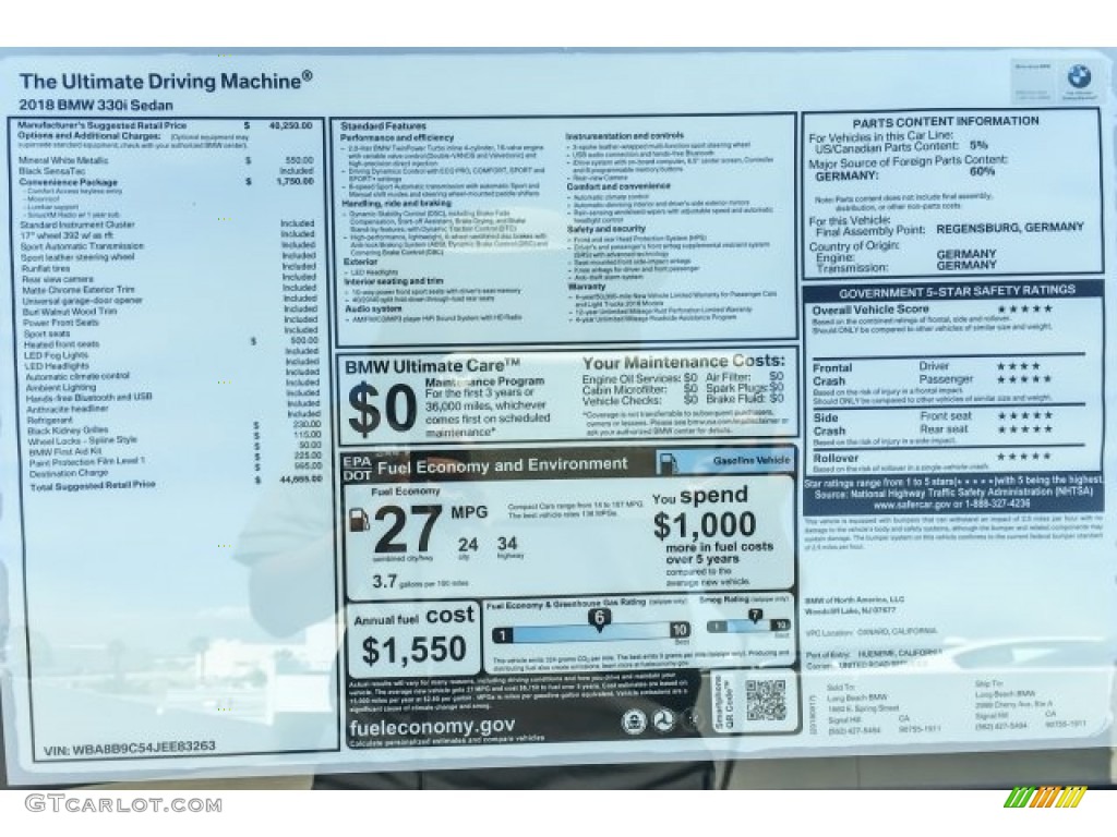 2018 BMW 3 Series 330i Sedan Window Sticker Photos