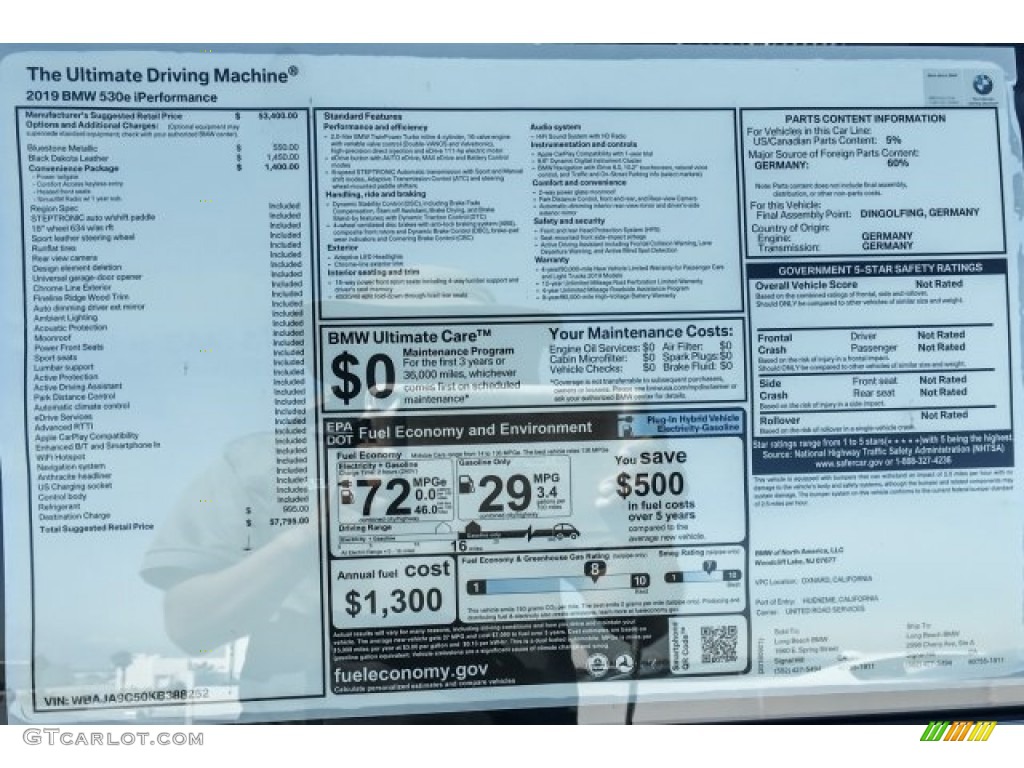 2019 BMW 5 Series 530e iPerformance Sedan Window Sticker Photo #129691601