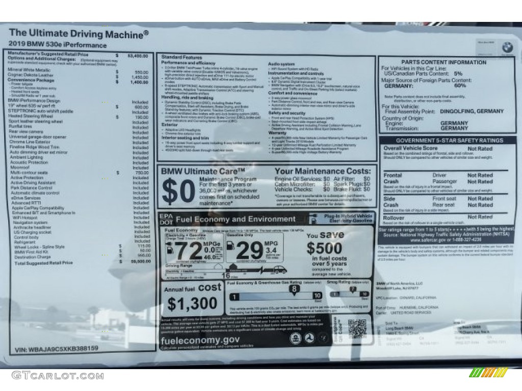2019 BMW 5 Series 530e iPerformance Sedan Window Sticker Photo #129692603