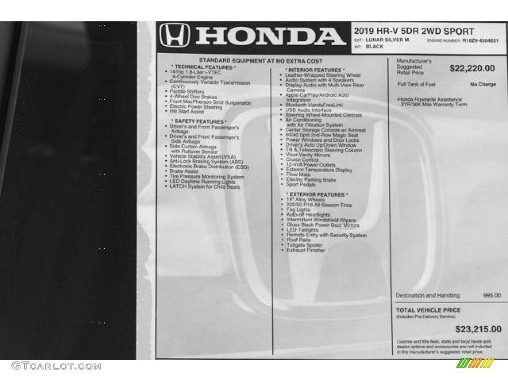 2019 Honda HR-V Sport Window Sticker Photo #129727120