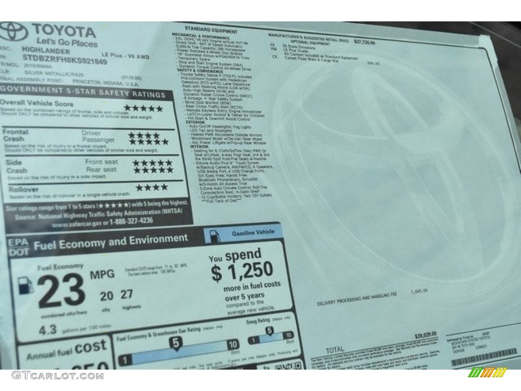 2019 Toyota Highlander LE Plus AWD Window Sticker Photo #129733168