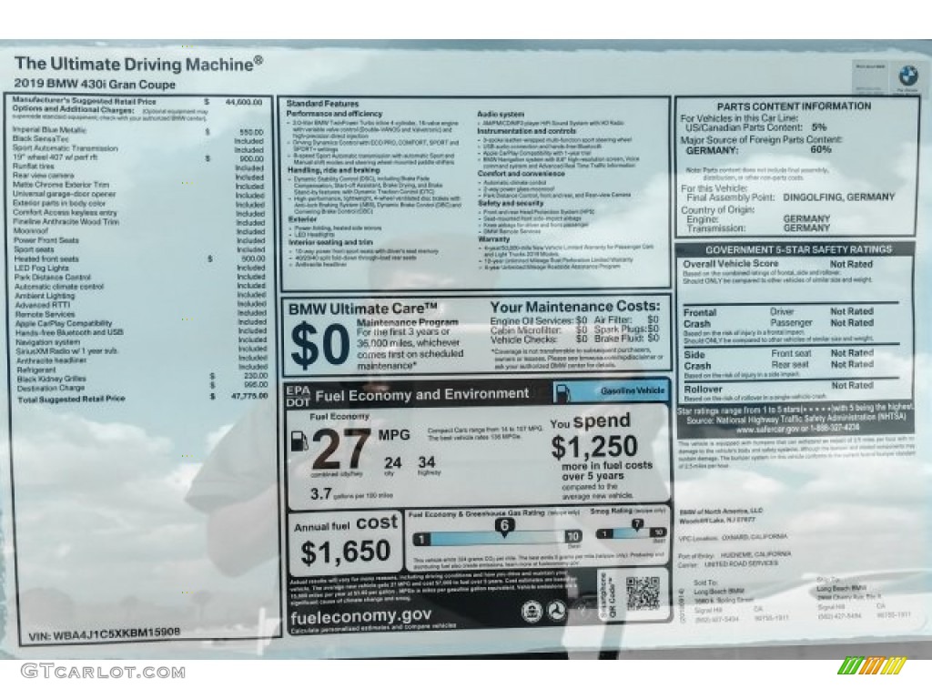 2019 BMW 4 Series 430i Gran Coupe Window Sticker Photo #129764054