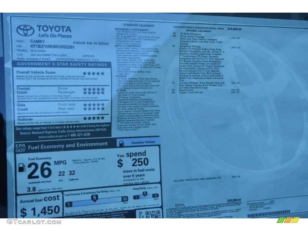 2019 Toyota Camry XSE Window Sticker Photo #129764168