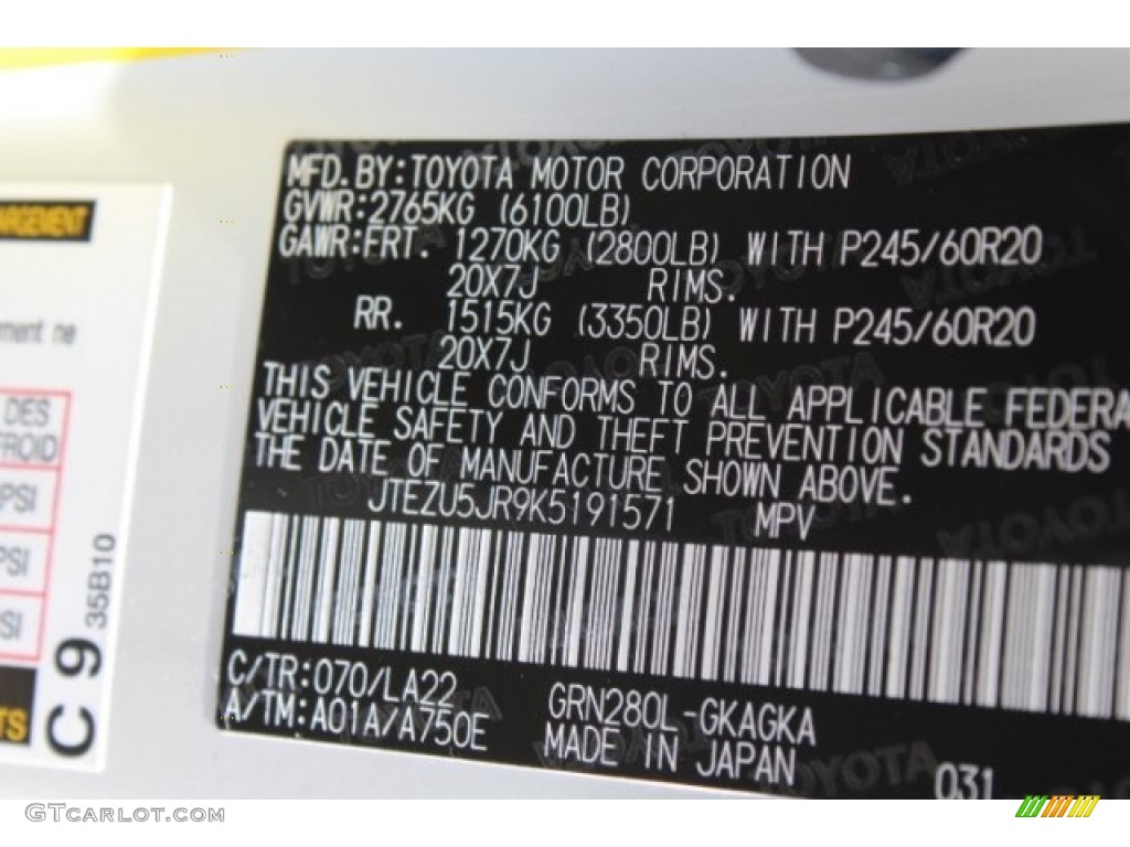 2019 4Runner Color Code 070 for Blizzard White Pearl Photo #129766943