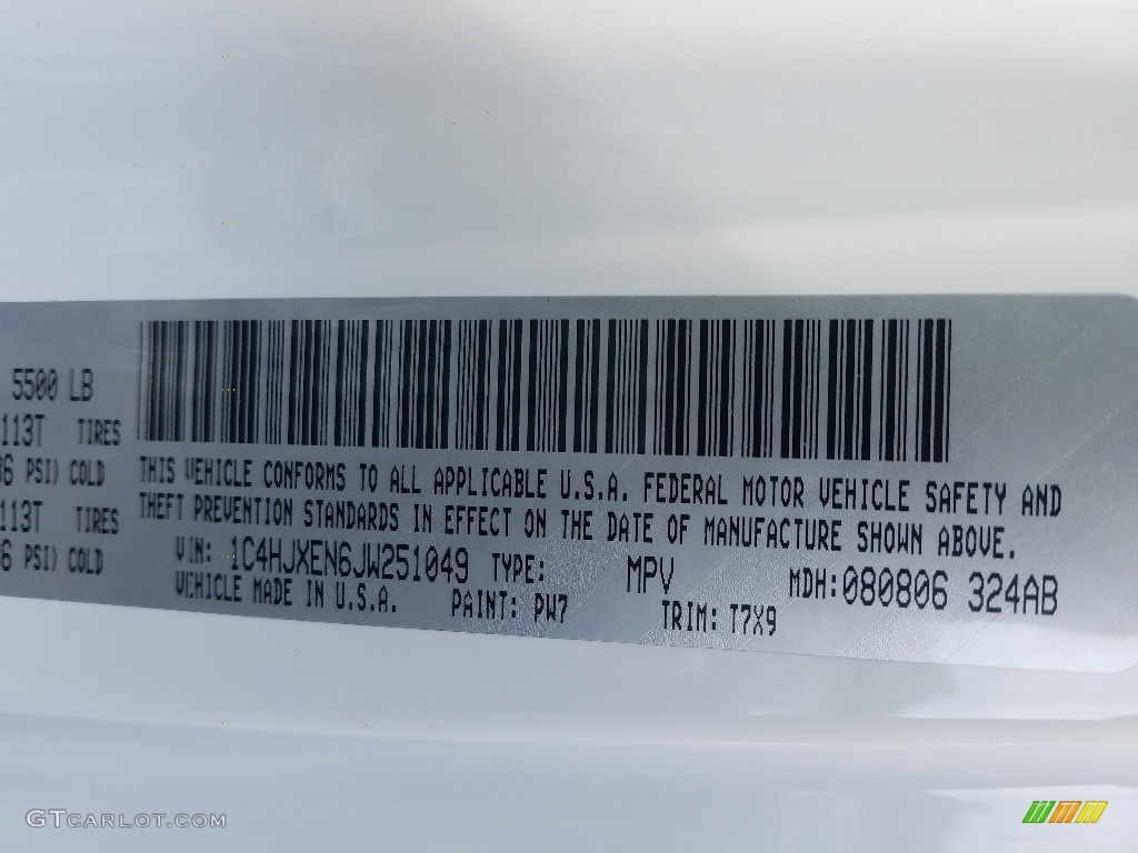 2018 Wrangler Unlimited Color Code PW7 for Bright White Photo #129772590