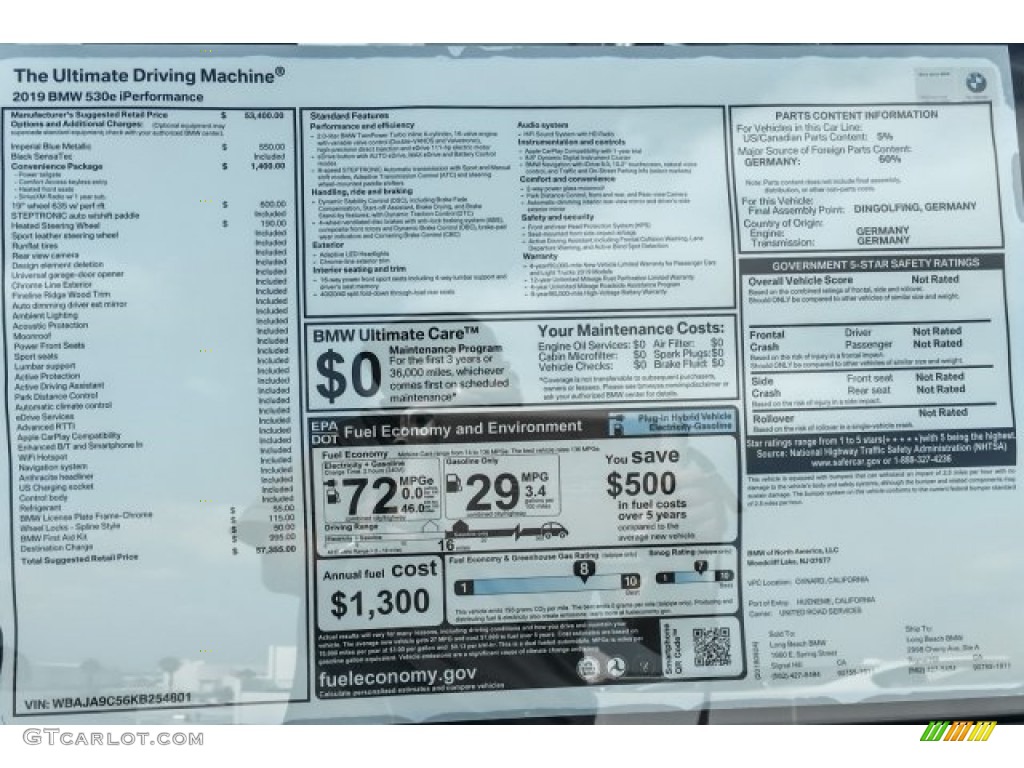 2019 BMW 5 Series 530e iPerformance Sedan Window Sticker Photo #129781746