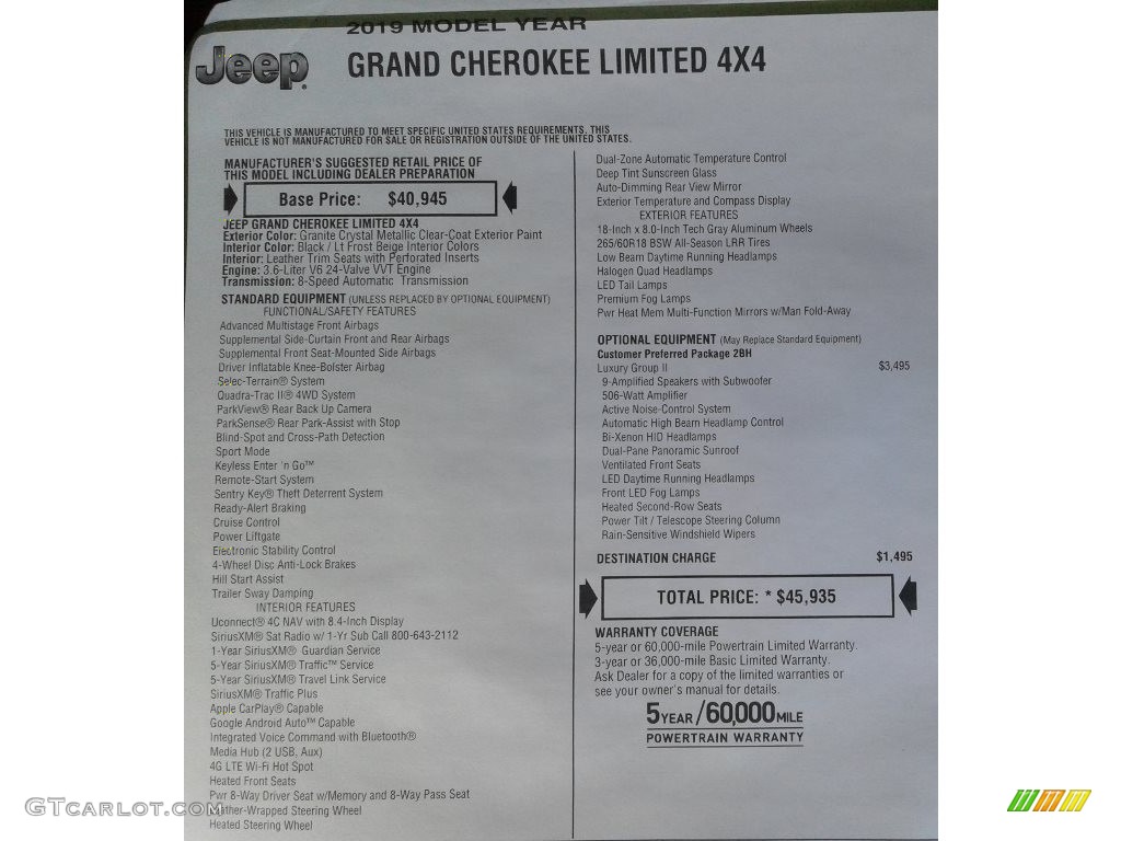 2019 Jeep Grand Cherokee Limited 4x4 Window Sticker Photo #129781868