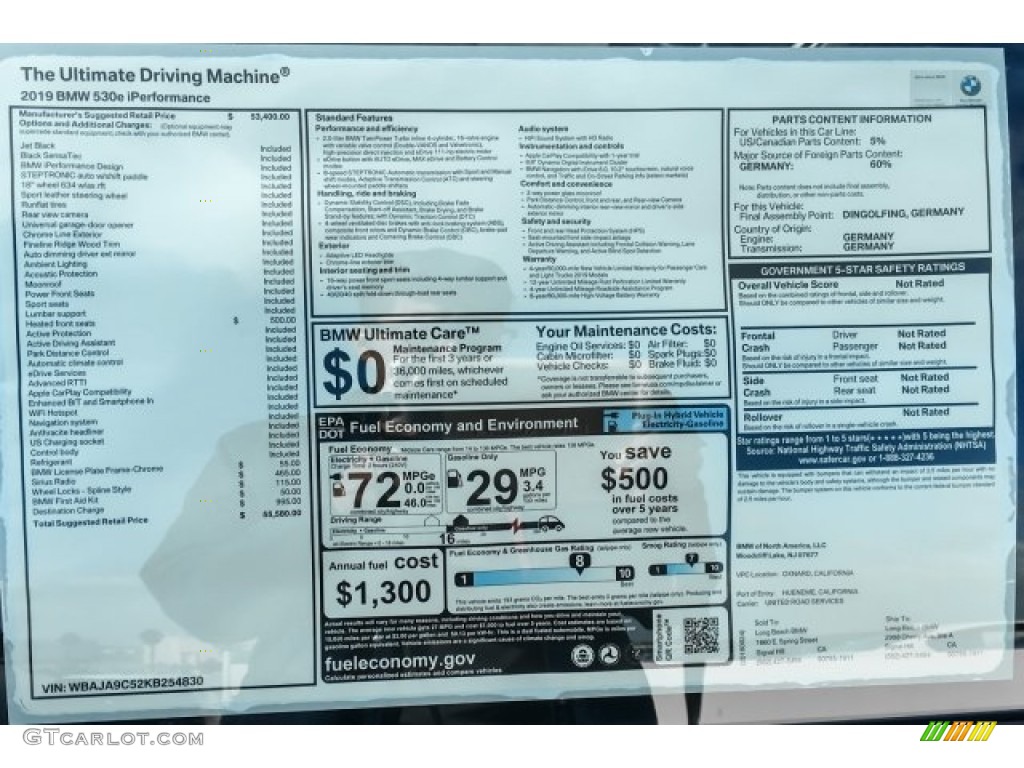 2019 BMW 5 Series 530e iPerformance Sedan Window Sticker Photo #129806654