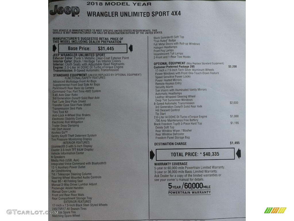 2018 Jeep Wrangler Unlimited Sport 4x4 Window Sticker Photos