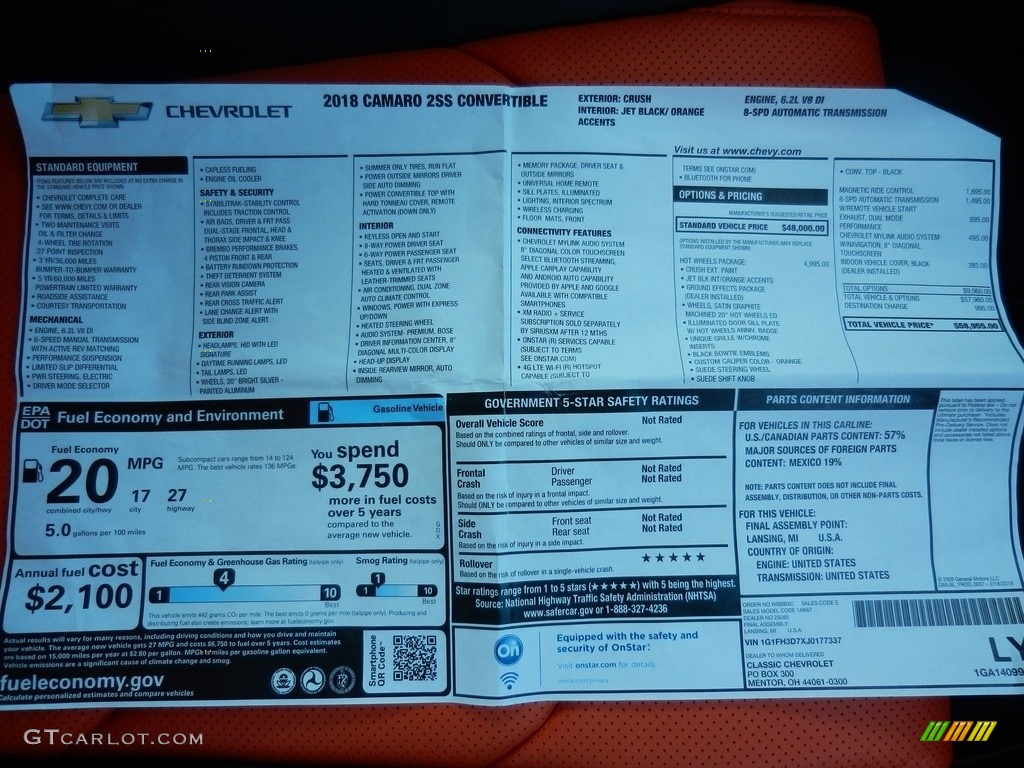 2018 Camaro SS Convertible Hot Wheels Package - Crush (Orange) / Jet Black photo #7