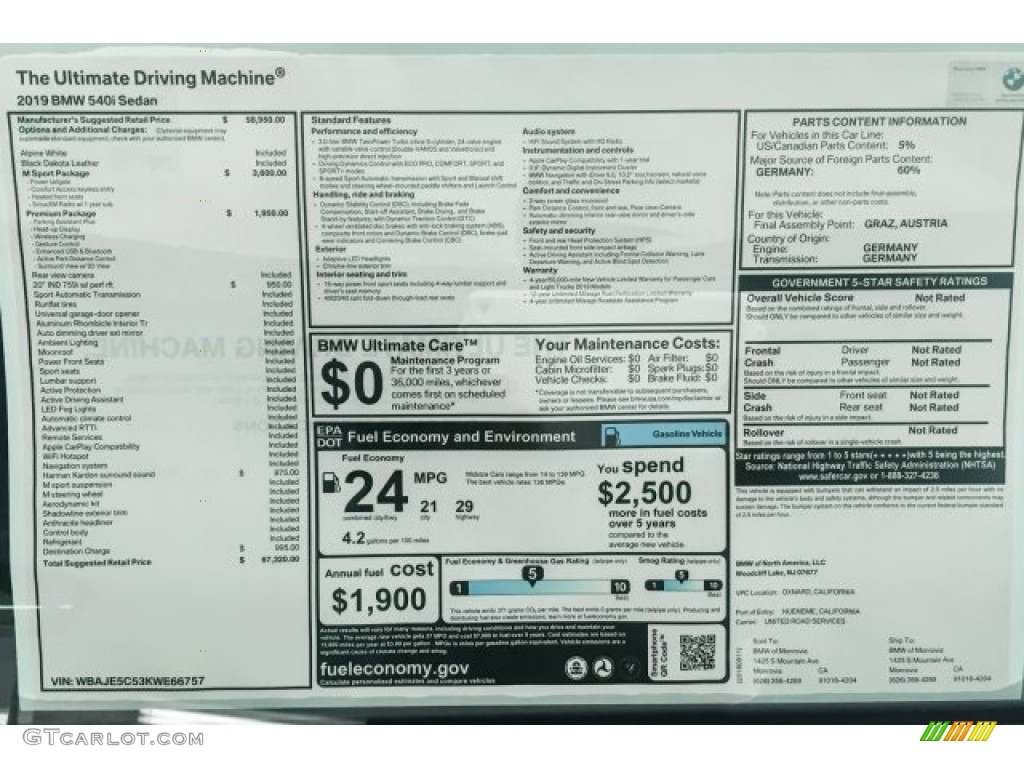 2019 5 Series 540i Sedan - Alpine White / Black photo #10