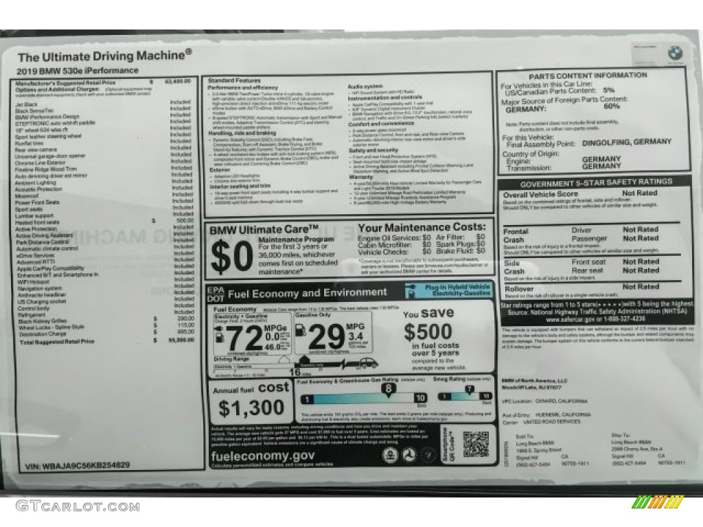 2019 BMW 5 Series 530e iPerformance Sedan Window Sticker Photo #129861220