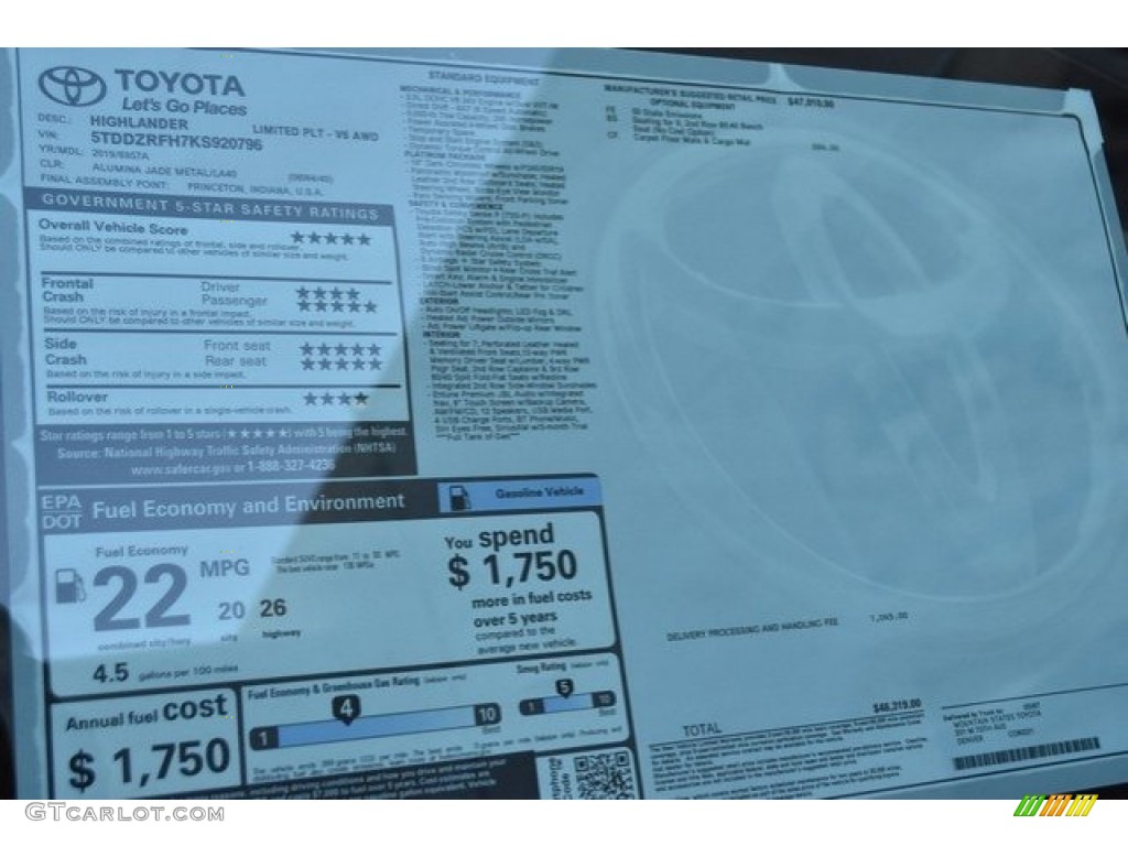 2019 Toyota Highlander Limited AWD Window Sticker Photo #129863908
