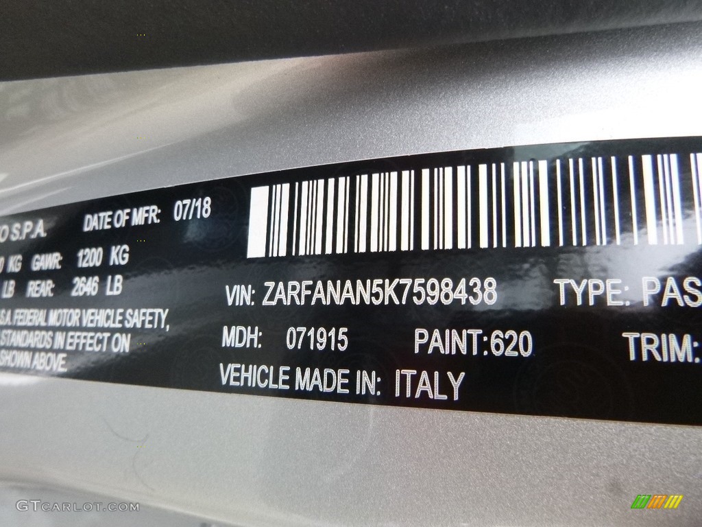2019 Giulia Color Code 620 for Silverstone Gray Metallic Photo #129864181