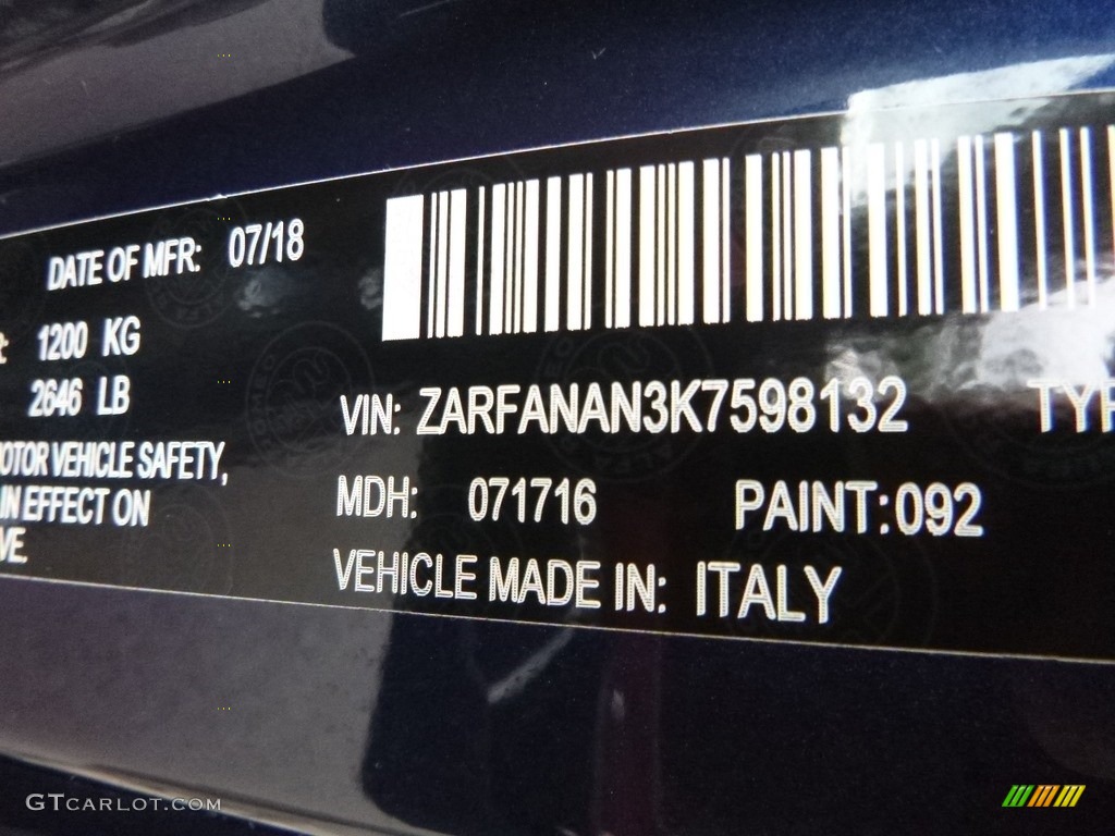 2019 Giulia Color Code 092 for Montecarlo Blue Metallic Photo #129865645