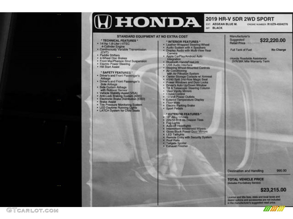 2019 Honda HR-V Sport Window Sticker Photos