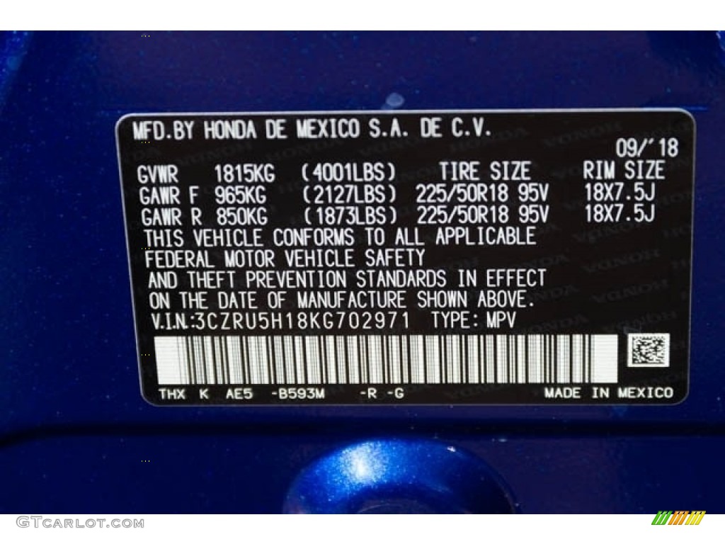 2019 HR-V Color Code B593M for Aegean Blue Metallic Photo #129909153