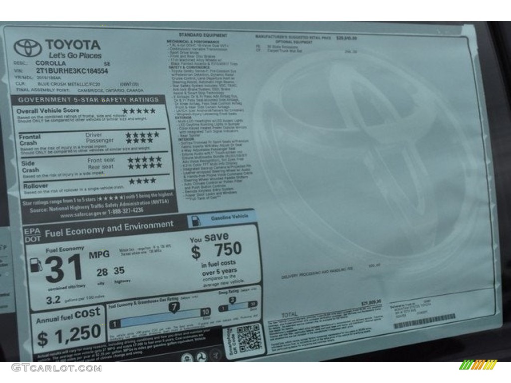 2019 Toyota Corolla SE Window Sticker Photo #129916045