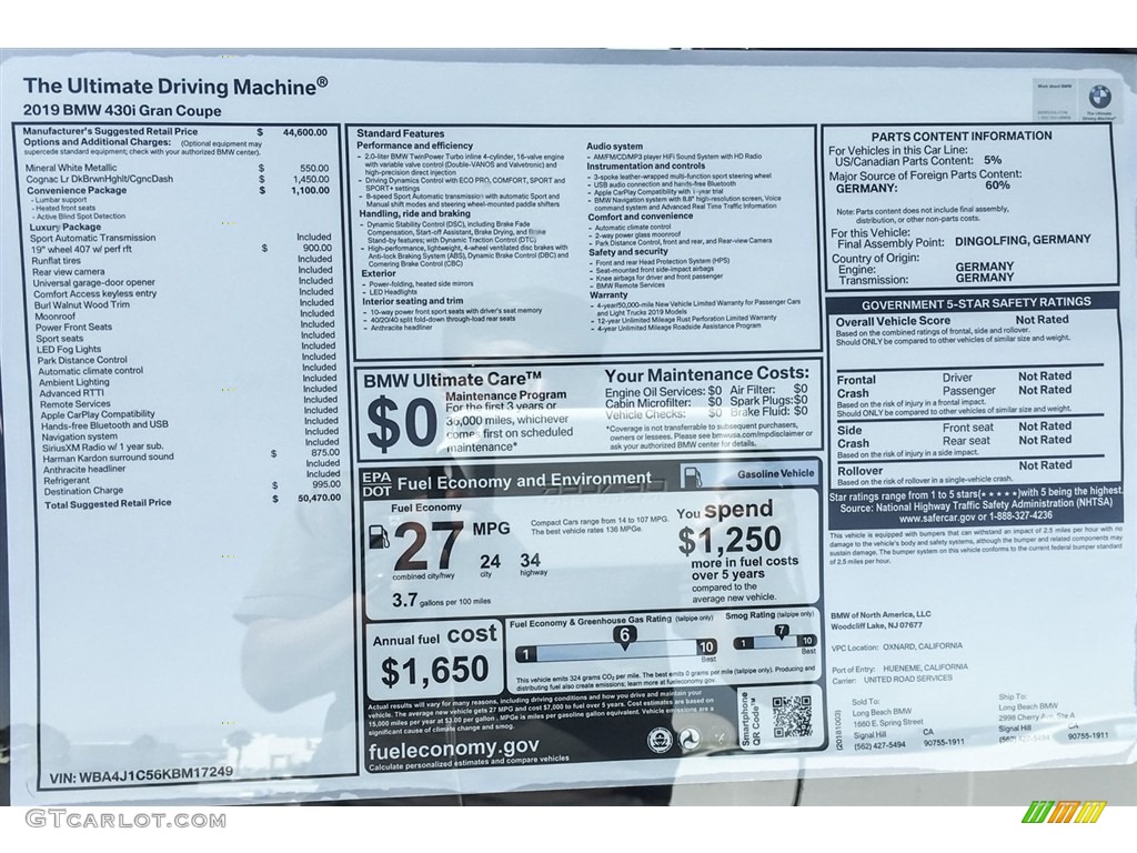 2019 BMW 4 Series 430i Gran Coupe Window Sticker Photo #129922966