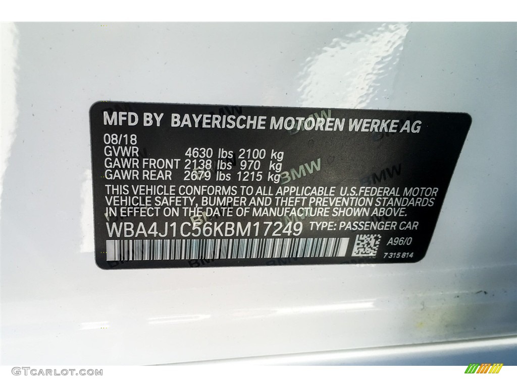 2019 4 Series Color Code A96 for Mineral White Metallic Photo #129922984
