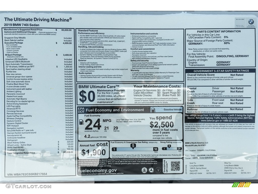 2019 BMW 7 Series 740i Sedan Window Sticker Photo #129923617