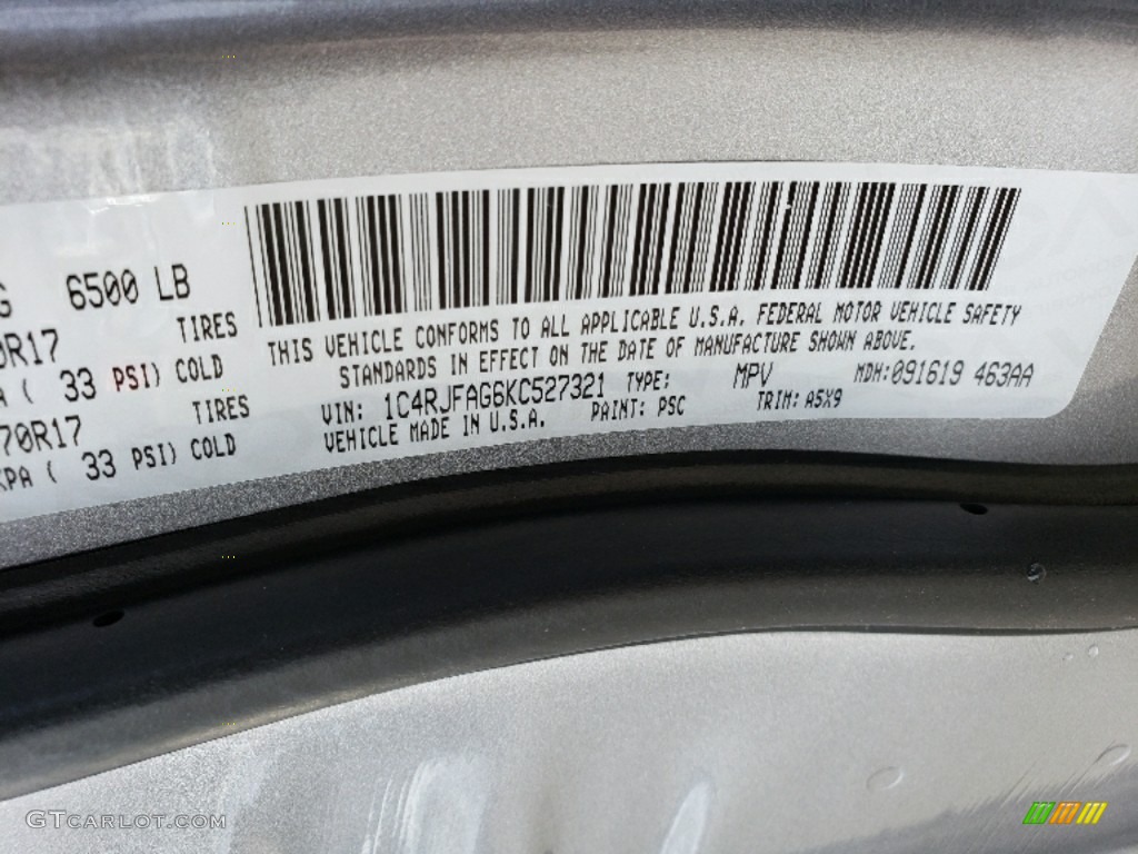 2019 Grand Cherokee Color Code PSC for Billet Silver Metallic Photo #129929335