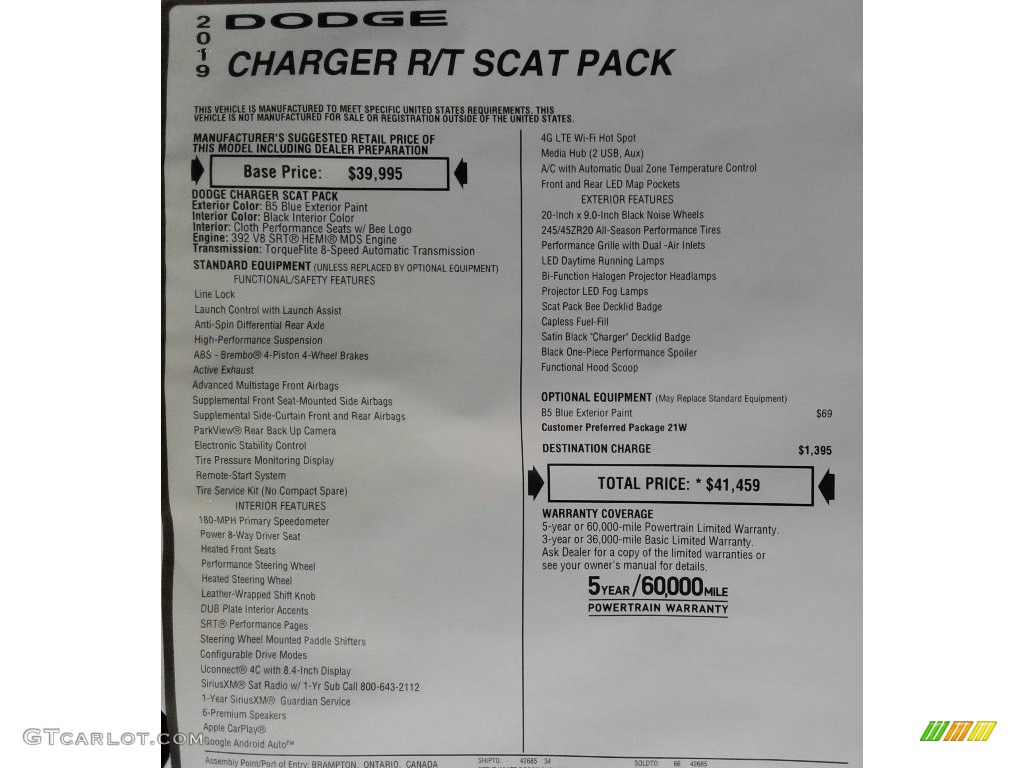 2019 Dodge Charger R/T Scat Pack Window Sticker Photo #129941545