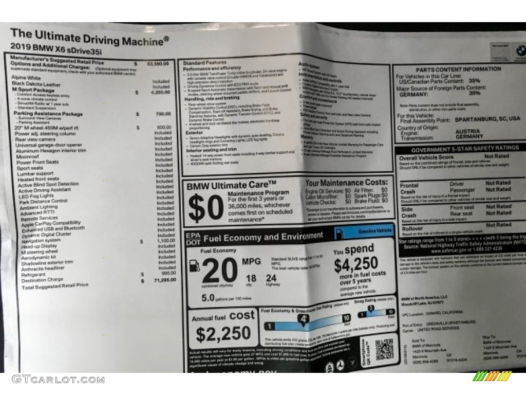 2019 BMW X6 sDrive35i Window Sticker Photo #129949305