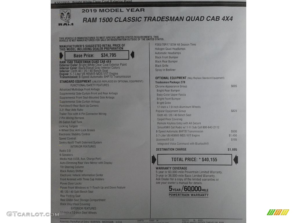 2019 1500 Classic Tradesman Quad Cab 4x4 - Bright White / Black/Diesel Gray photo #29