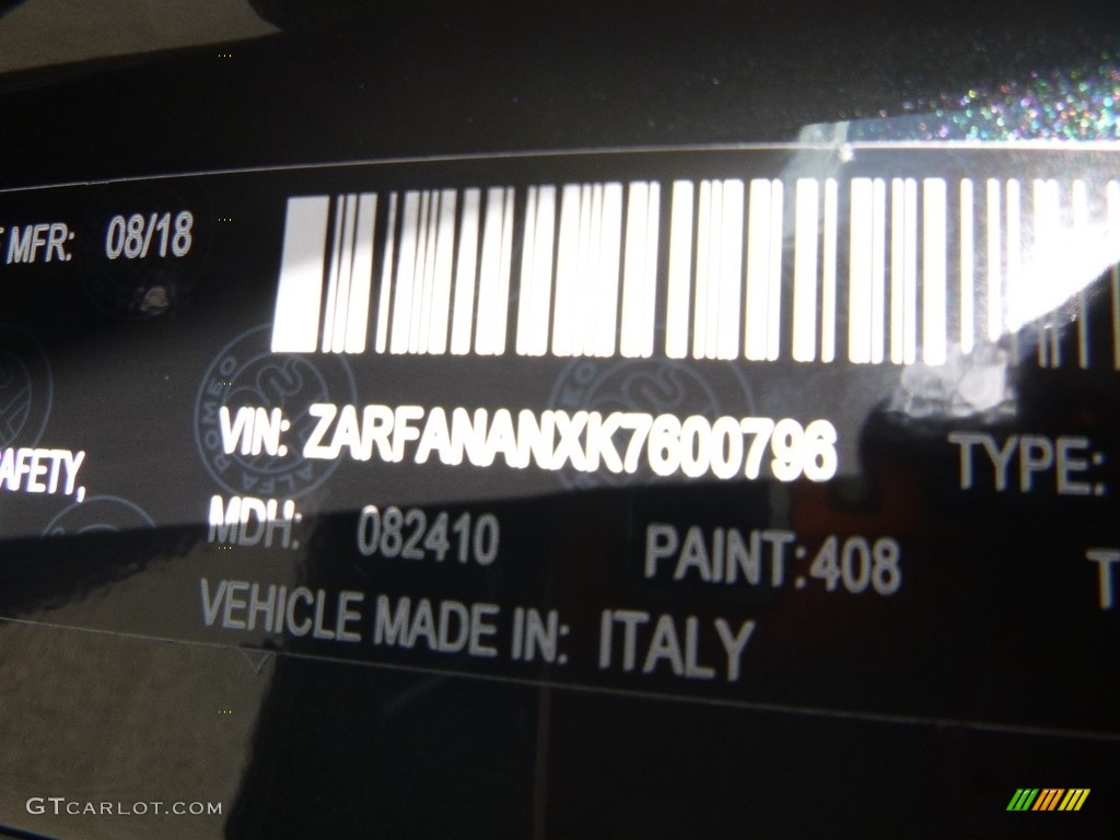 2019 Giulia Color Code 408 for Vulcano Black Metallic Photo #129971385