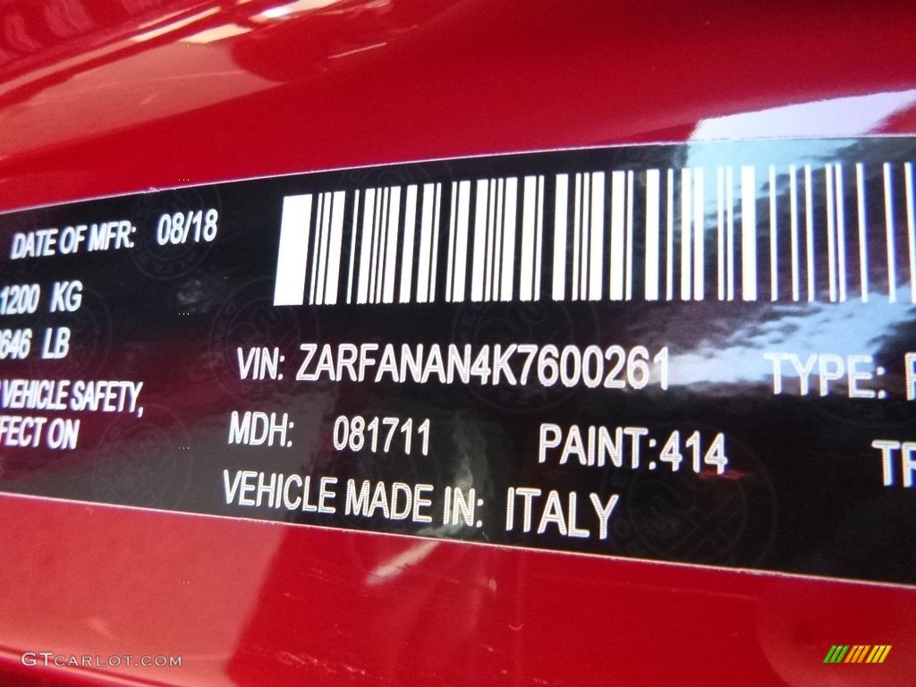 2019 Giulia Color Code 414 for Alfa Rosso (Red) Photo #129972583