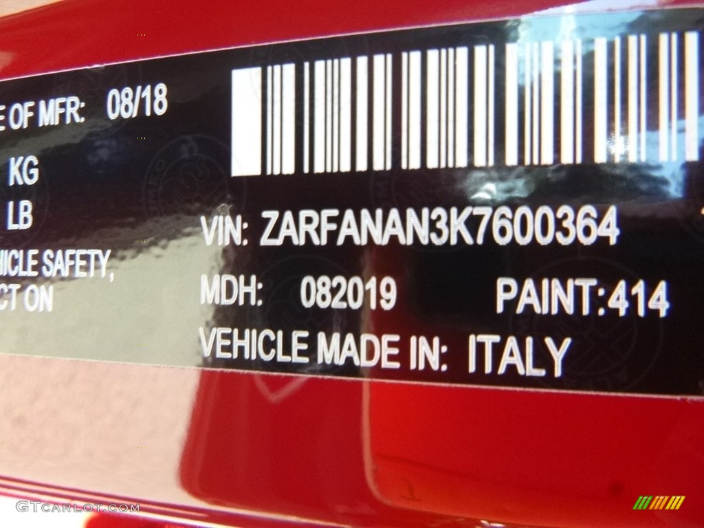 2019 Giulia Color Code 414 for Alfa Rosso (Red) Photo #129990757