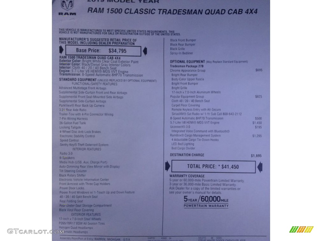 2019 1500 Classic Tradesman Quad Cab 4x4 - Bright White / Black/Diesel Gray photo #30